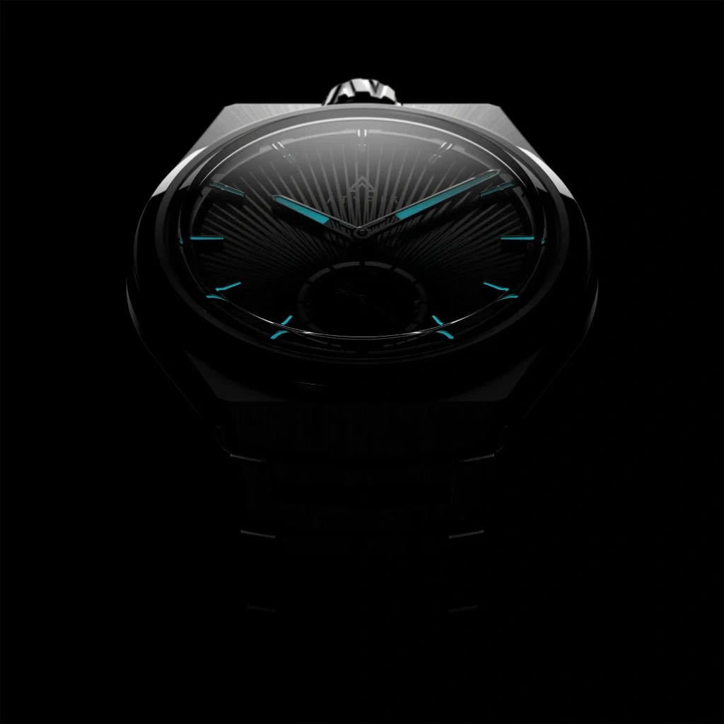 Atypik AT01 guilloché dial with lume at night